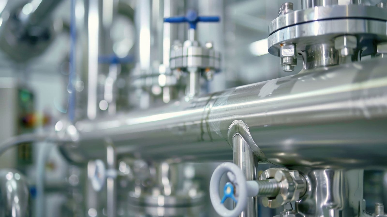 Stainless pipework and valves running through a sterile pharmaceutical plant