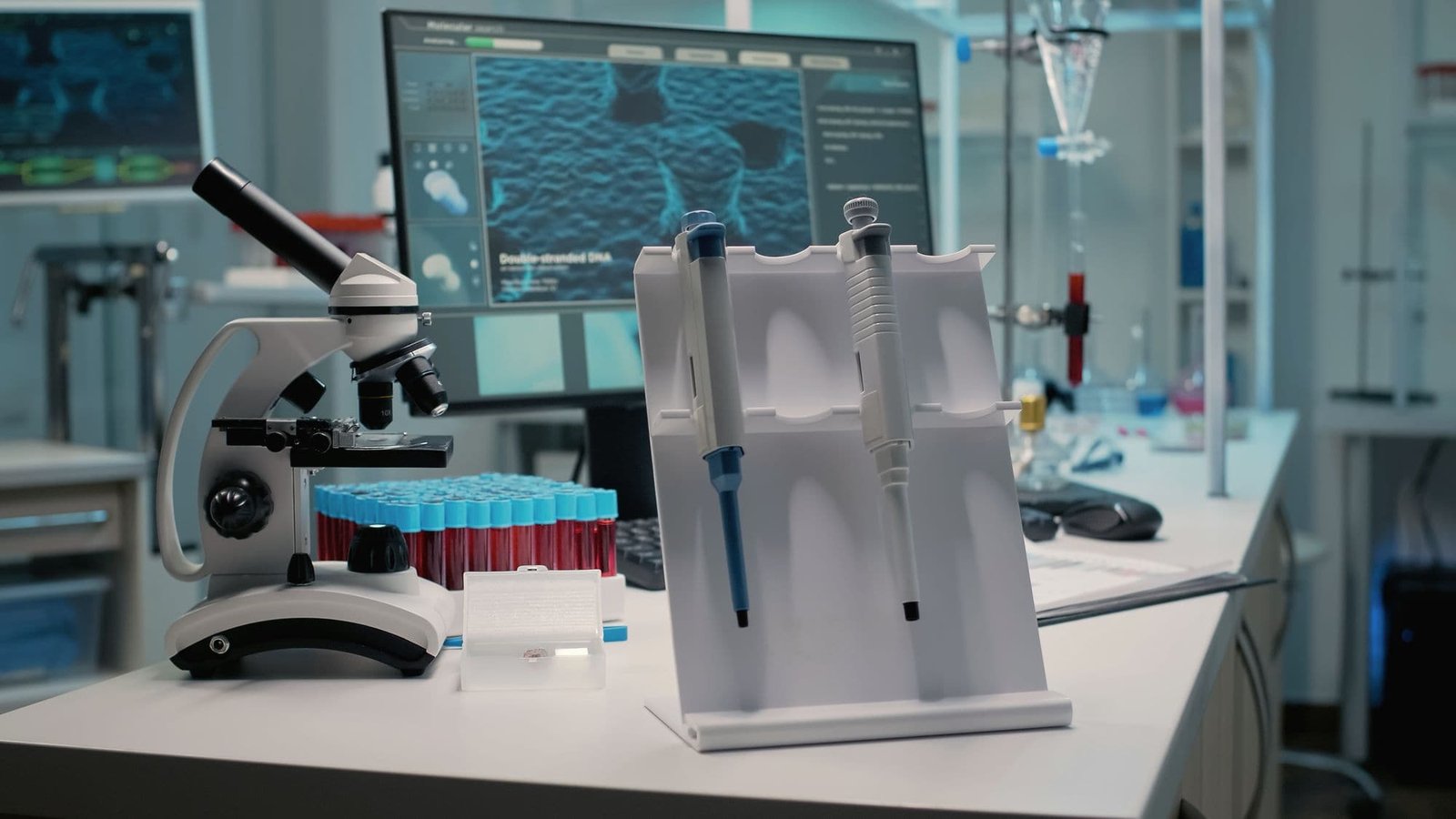 A micropipette, sample tubes and a microscope on a laboratory bench